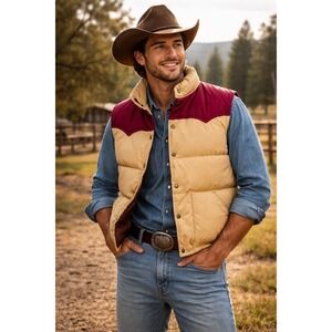 W1 Vintage William Barry Brandon Colorado Down Puffer Vest Tan Maroon Mens Large